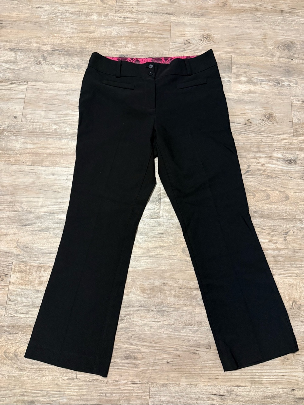 Black Boot Cut Dress Pants with Pink Waistband Accent